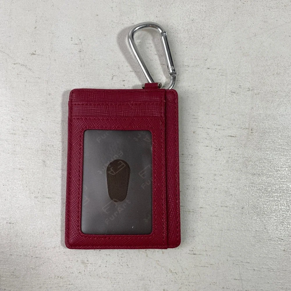 Minimalistic Slim Card Holder Keychain Wallet Berry Red ID Window Carabiner Clip